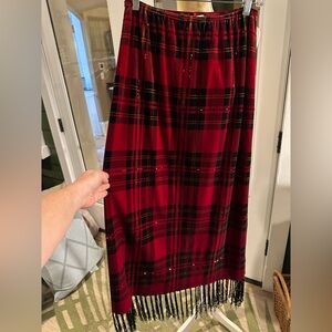 Elegant Plaid Velvet Skirt with Beading & Fringe- Red and Black